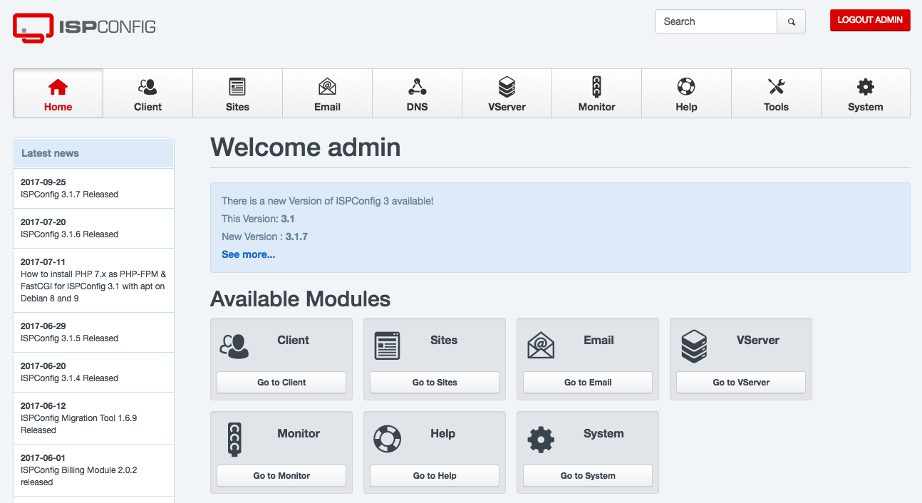 More available. ISPCONFIG. Welcome admin. Postfix Plesk Panel.