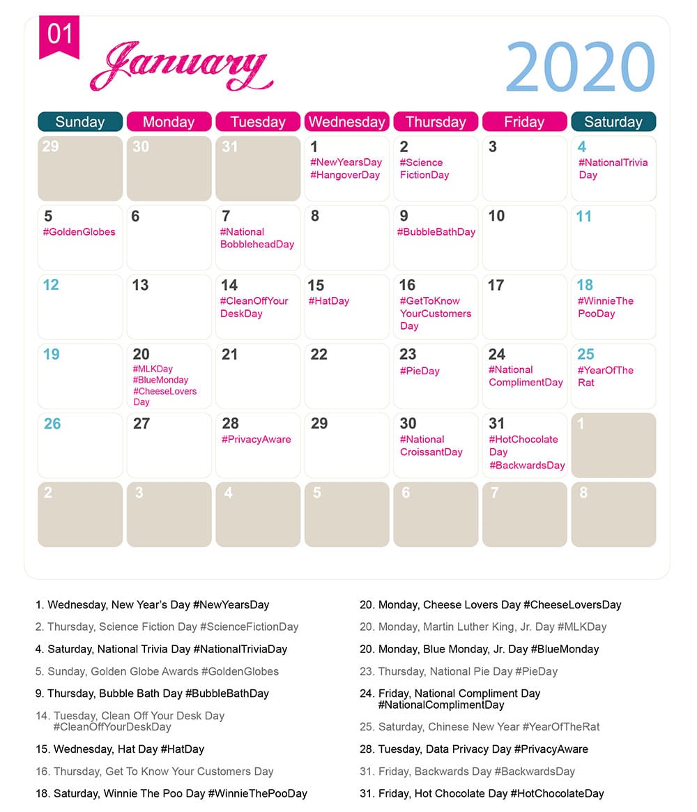 January 2020 Social Media Holiday Calendar NCMA